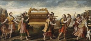 Die Überführung der Bundeslade durch den singenden und tanzenden David, Öl auf Holz, 37,6 x 82 cm