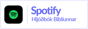 Hnappur með logo Spotify og orðunum Spotify - hljóðbók Biblíunnar.