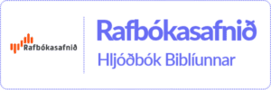 Hnappur með logo Rafbókasafnsins og orðunum Rafbókasafnið - hljóðbók Biblíunnar.