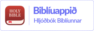 Hnappur með logo Youversion Biblíuappsins og orðunum Biblíuappið - hljóðbók Biblíunnar.